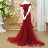 Burgundy Mermaid Tulle Evening Gown with Lace Applique, Off Shoulder Prom Dress